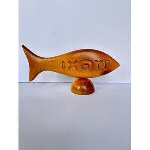Vintage Oregon Myrtlewood Ichthus Fish Sculpture, Hand Carved Wood Jesus Fish
